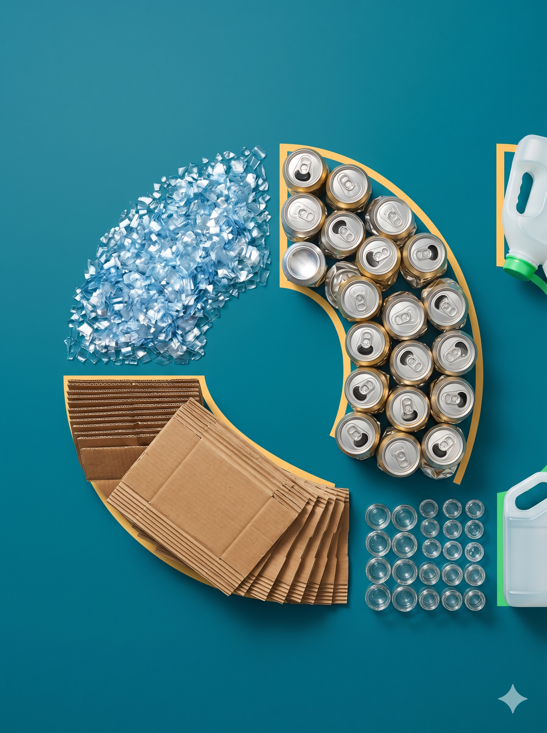 Sorted recyclable materials presented as valuable commodities on a teal ground — video coming.