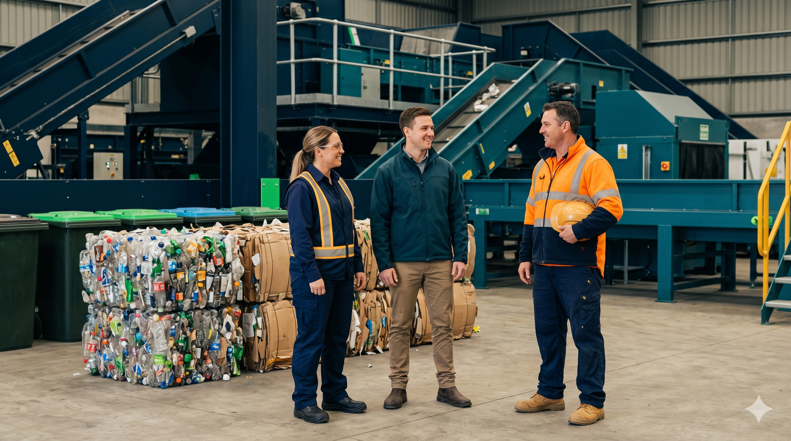 Recycling-system operators — coordinator, hauler, MRF worker — together on-site.