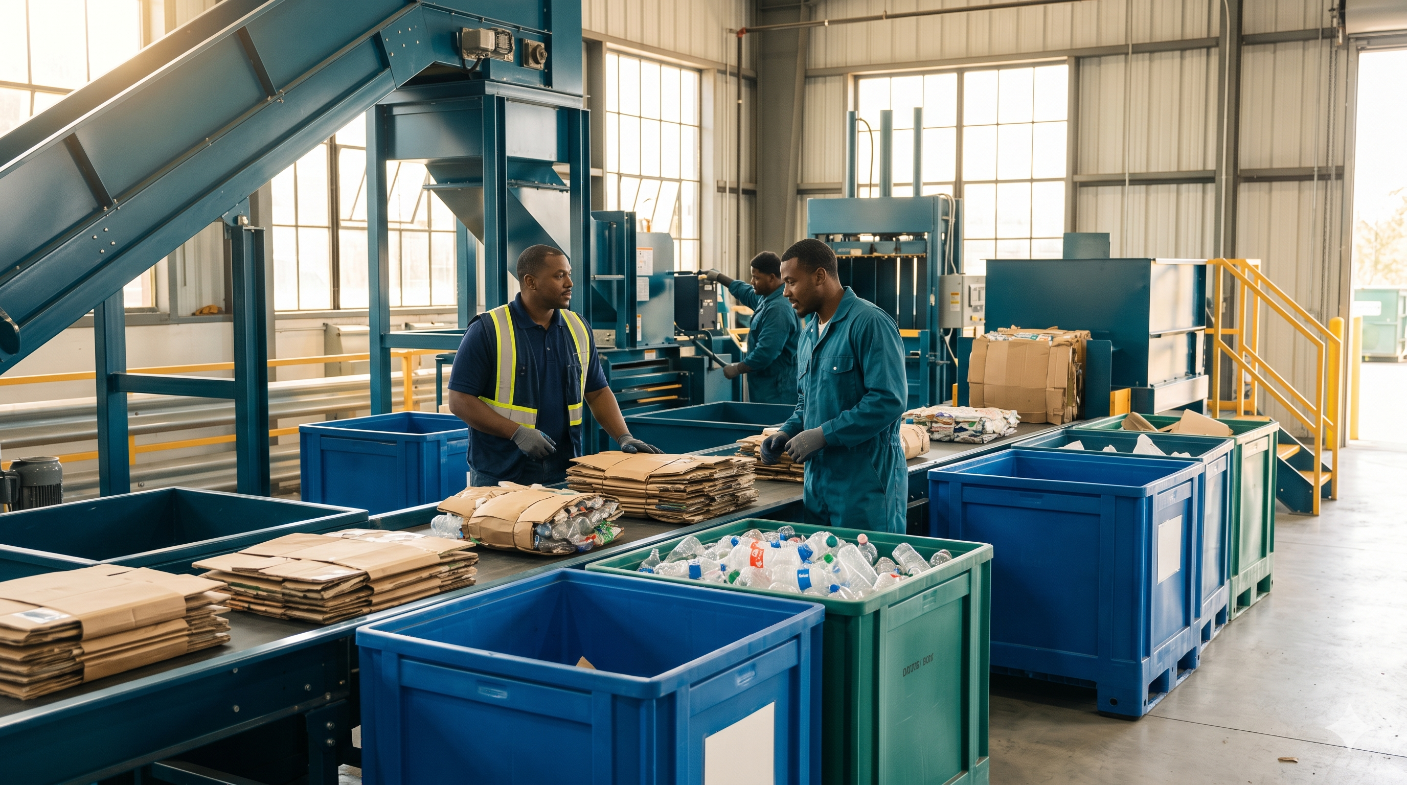 Recycling-program staff sorting clean materials at a facility — video coming.