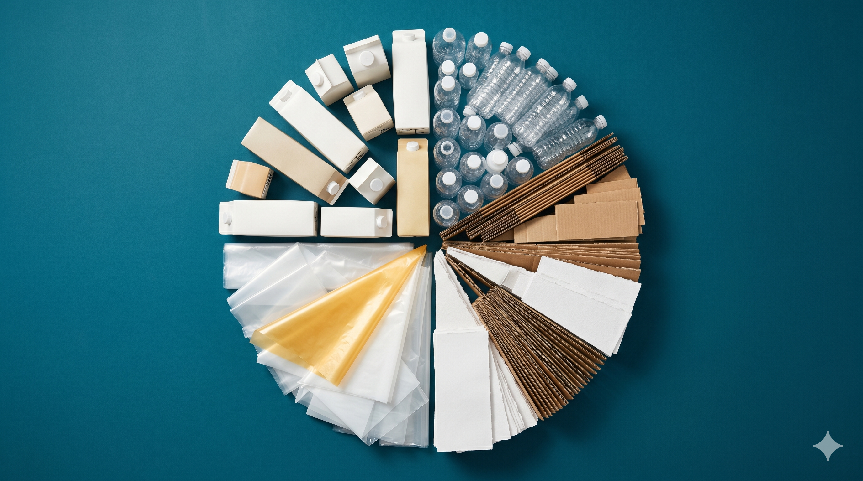 Covered-material categories arranged as a clean circular still life — valuable commodities.